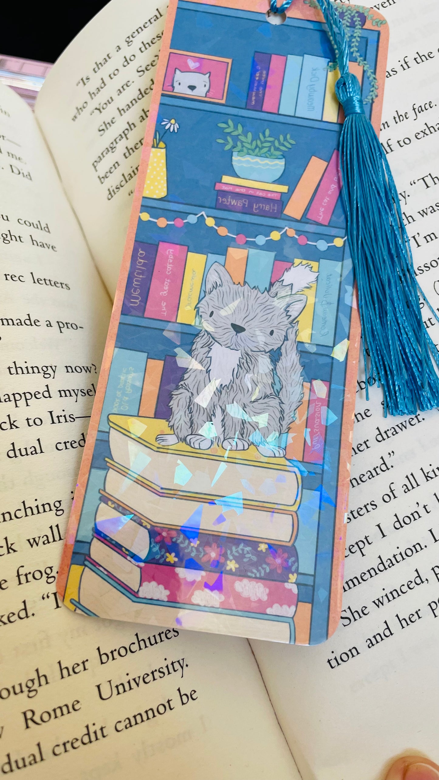 Cat and books illustrated rainbow bookmark