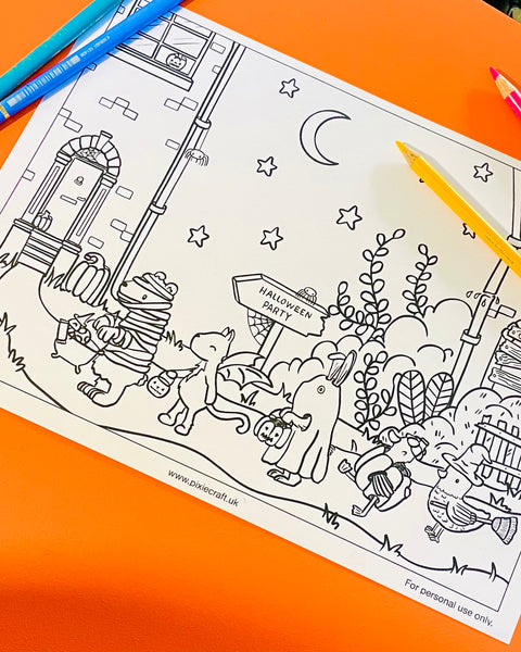 FREE Halloween party illustrated colouring page