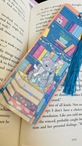 Cat and books illustrated rainbow bookmark