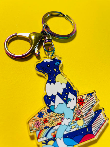 Cat and books illustrated keychain