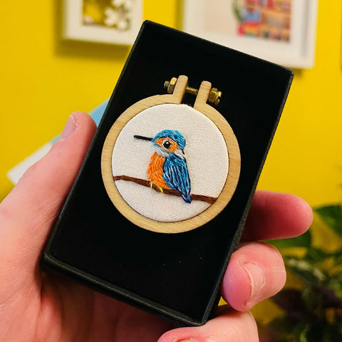 Kingfisher hand embroidered art brooch