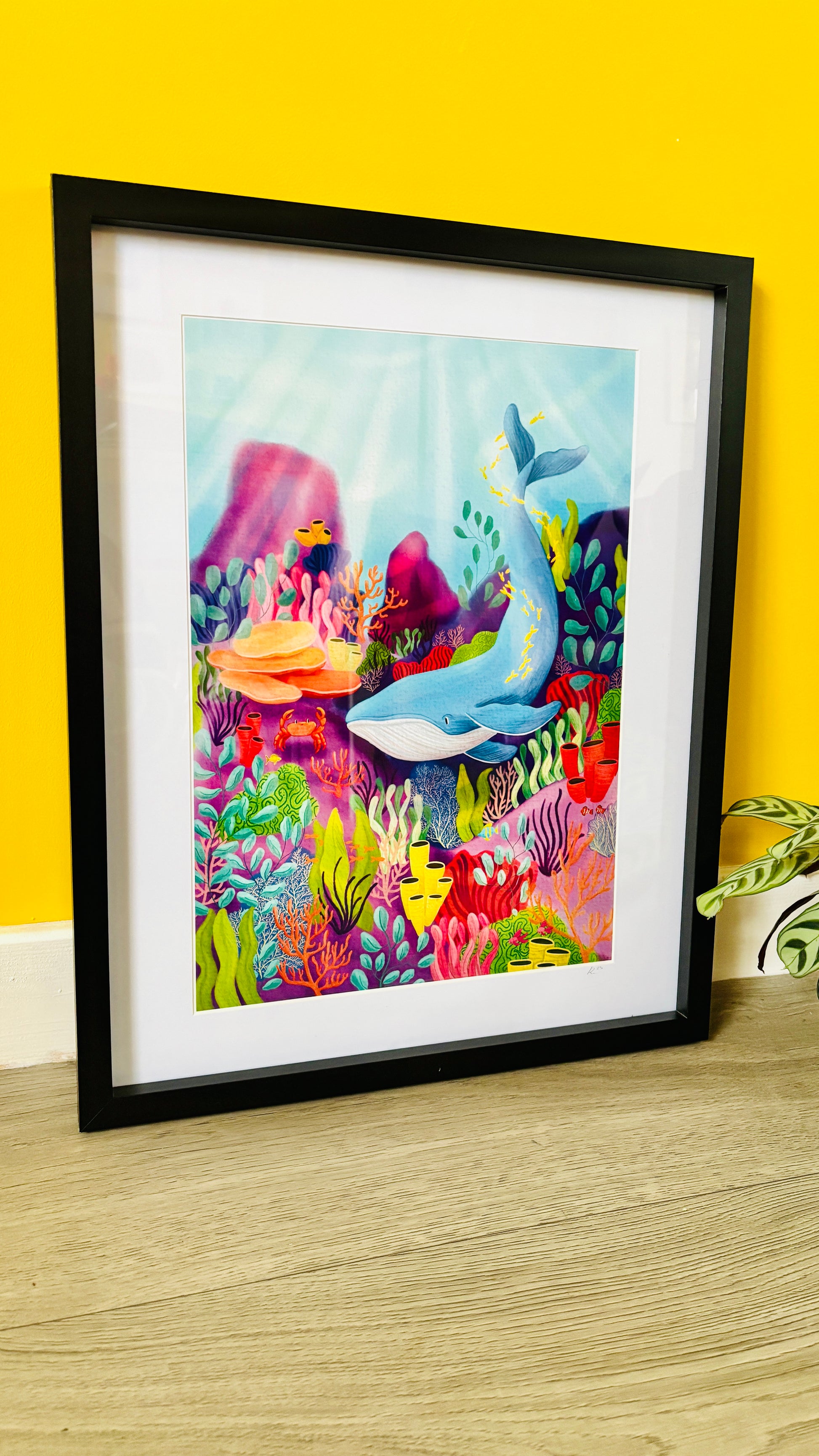 Colourful whale in coral reef wall art print