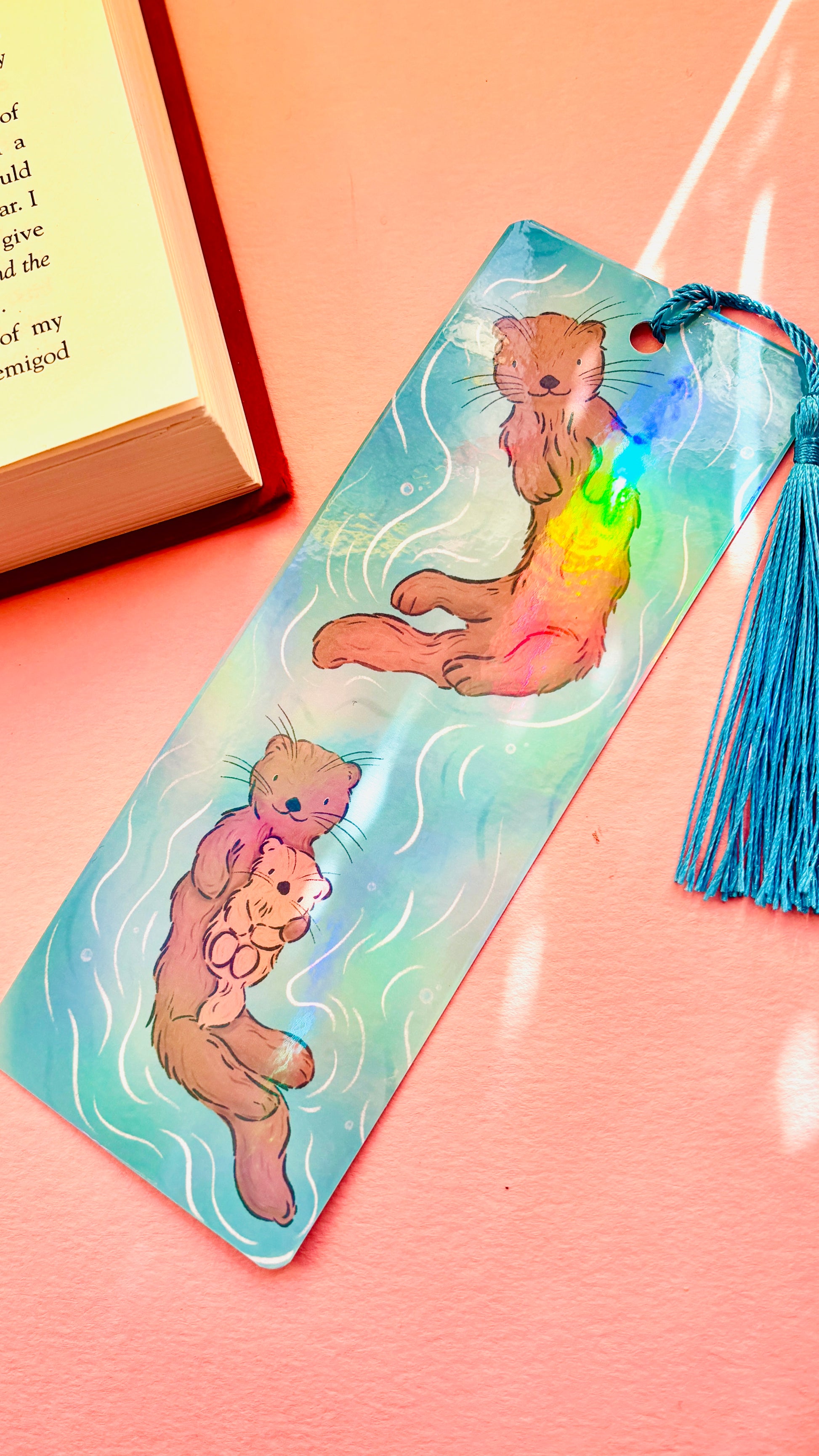 Rainbow holographic cute otter art bookmark 