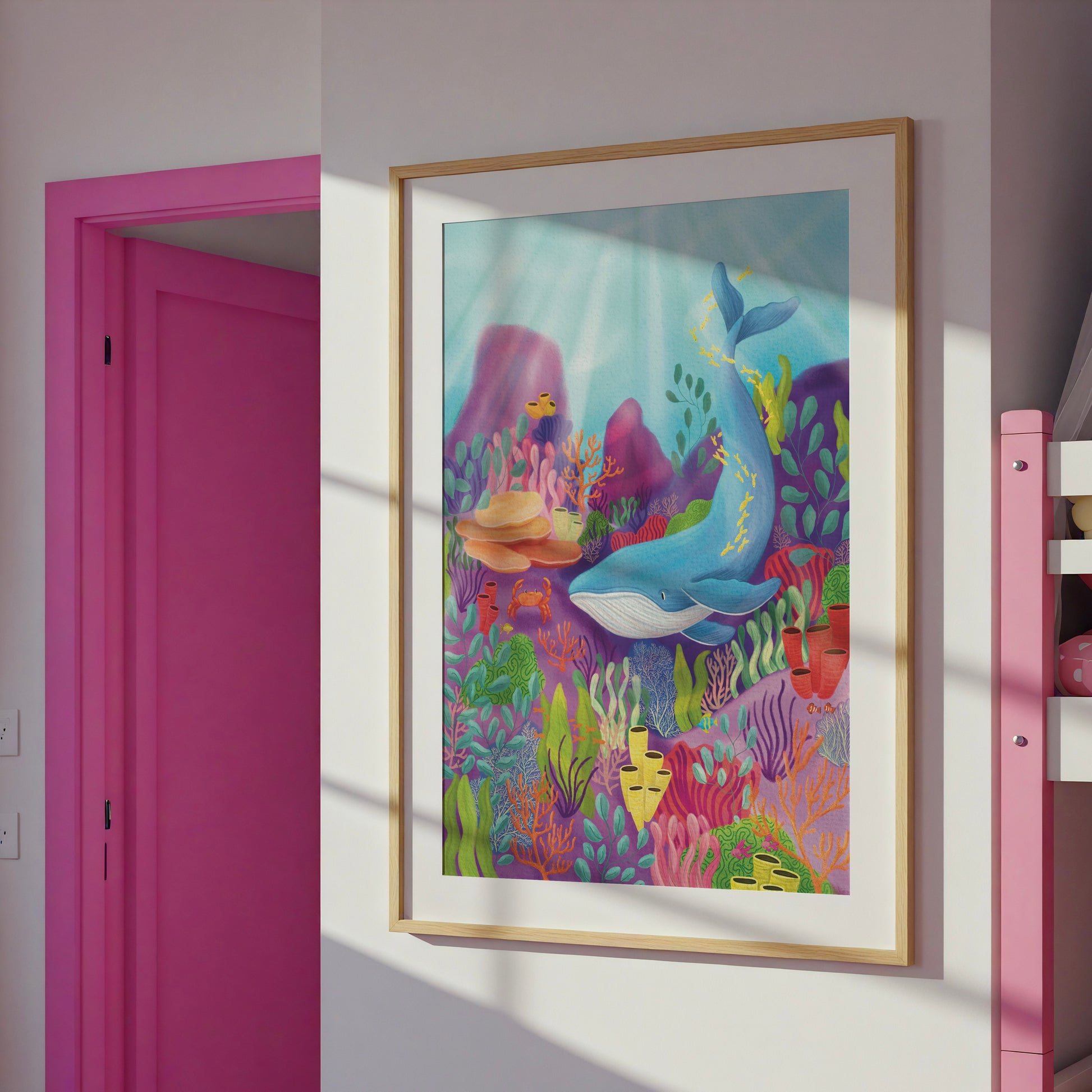 Ocean Art Print- colourful wall art of a blue whale and crab in a glittering blue sea surrounded by vibrant coral reef. Printed onto matte fine art paper and signed by the artist. Perfect for kids room decor, gallery walls, maximalist decor, coastal and beach decor
