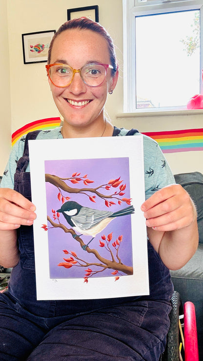 Coat tit bird wall art of British birds. This detail illustration of a cute coal tit perched on an autumn branch is set against a purple gradient background and makes perfect autumn home decor for a cosy seasonal feel. Or a gift for nature lovers, gardeners, bird lovers and fans of cottagecore decor aesthetics 