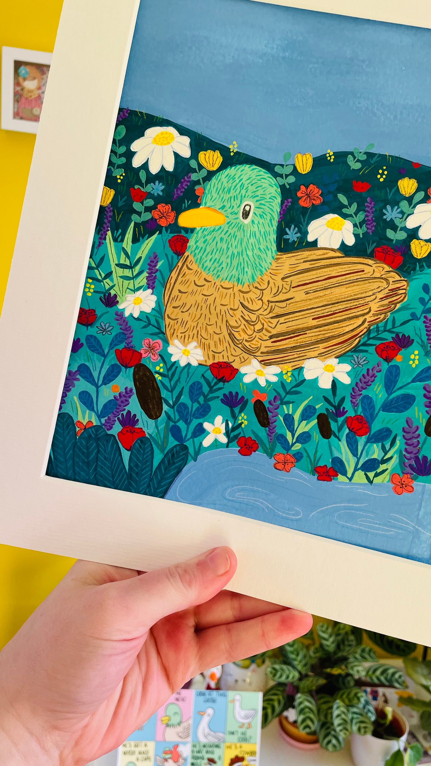 Hand painted colourful duck illustration.