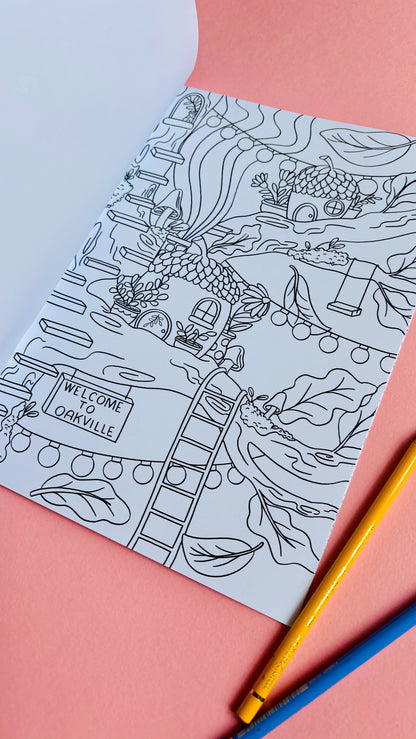 Hand drawn fairy colouring book for adults with 10 cute illustrated pages of tiny fairy house with a whimsical fantasy theme. A4 size and full colour cover perfect for gifts for kids and adults. 