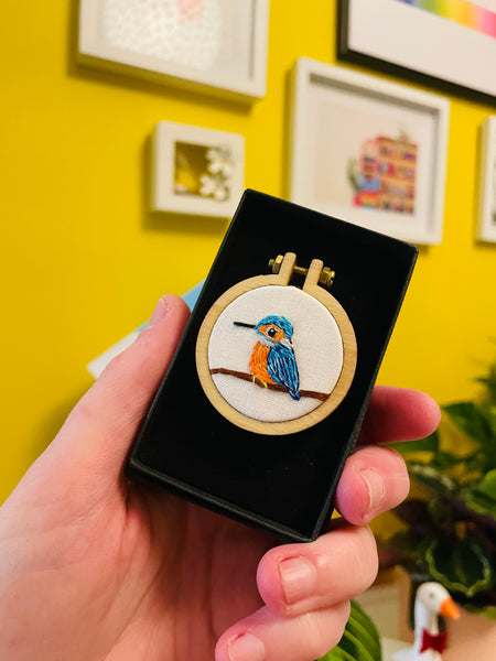 Kingfisher hand embroidered art brooch