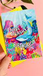 Whale handmade birthday card reads “have a splashy birthday” colourful coral reef and whale design. Handmade in the uk this card measures approximately a6, is blank inside for your message and is supplied with a cheerful yellow envelope 