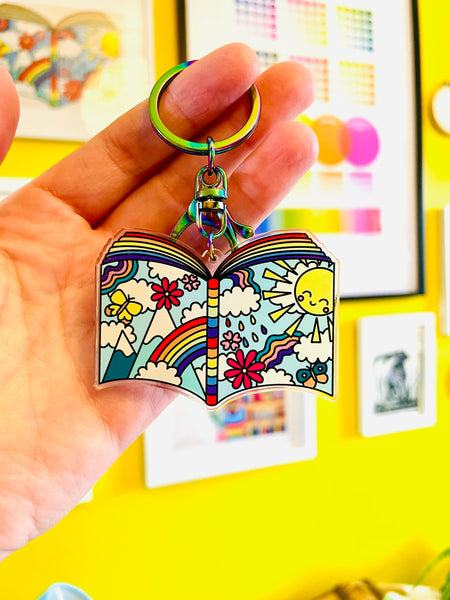 Colourful rainbow illustrated book keyring 