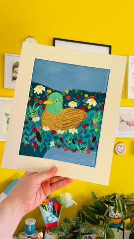 Hand painted colourful duck illustration.