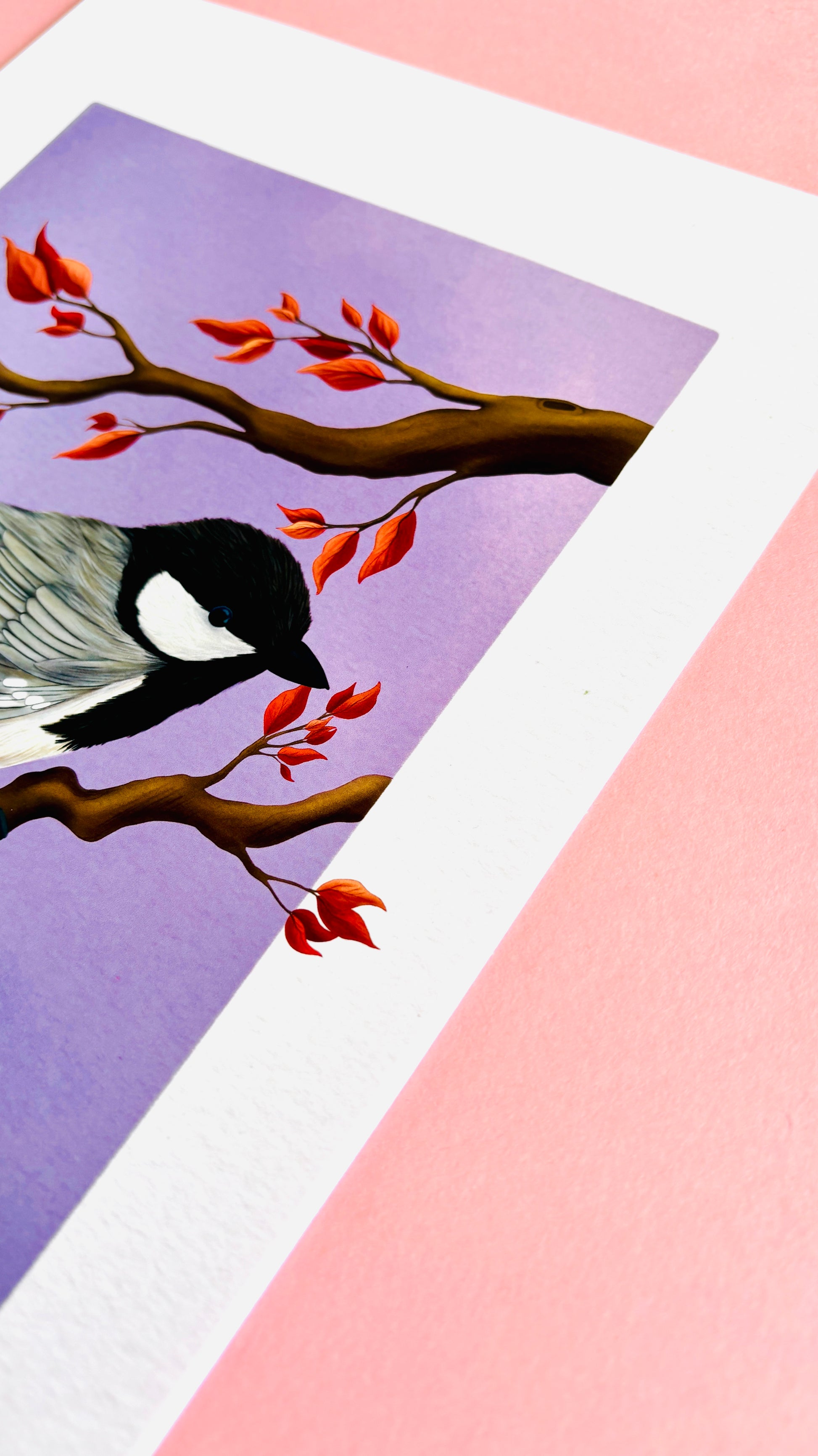 Coat tit bird wall art of British birds. This detail illustration of a cute coal tit perched on an autumn branch is set against a purple gradient background and makes perfect autumn home decor for a cosy seasonal feel. Or a gift for nature lovers, gardeners, bird lovers and fans of cottagecore decor aesthetics 
