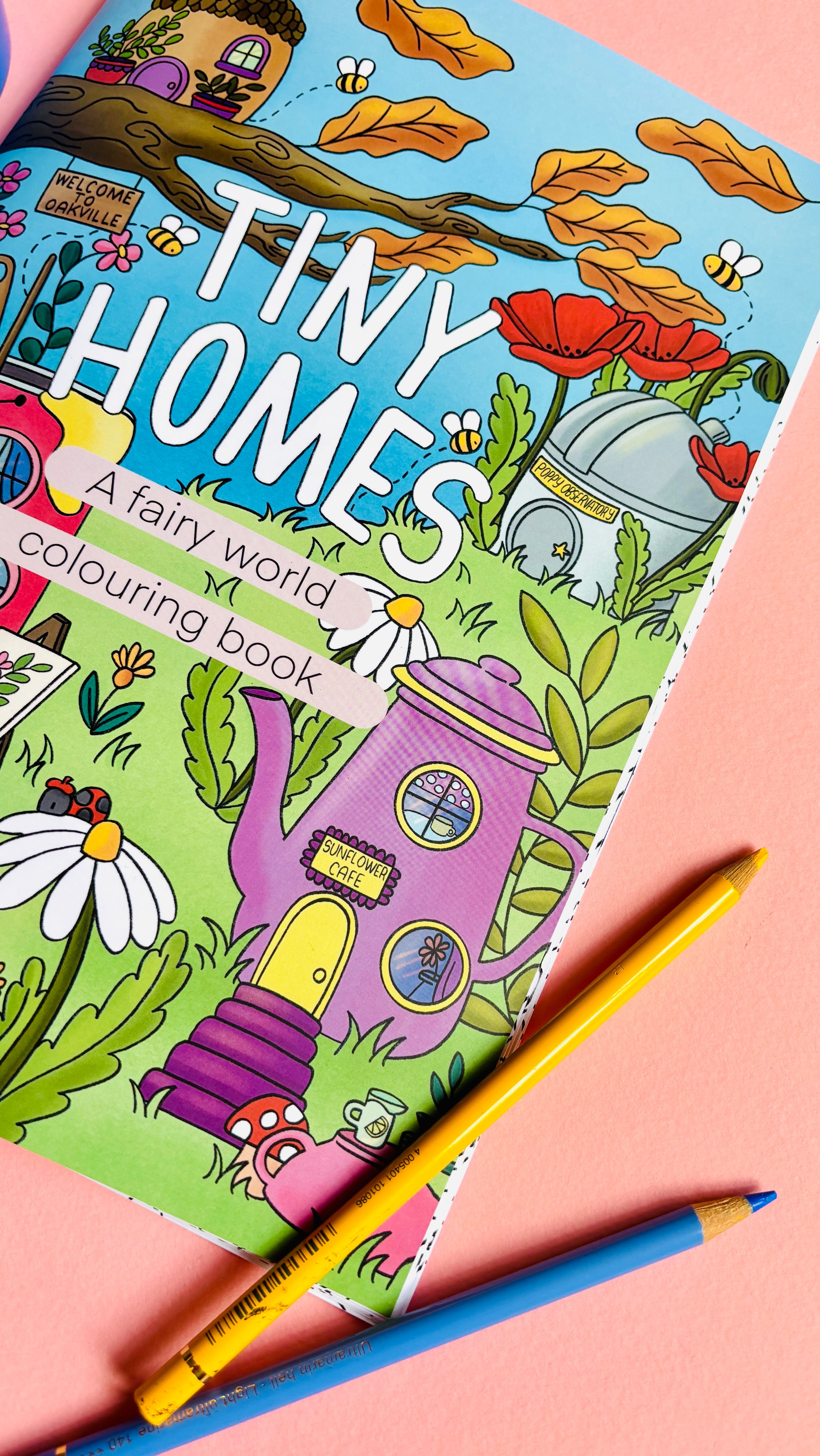 Hand drawn fairy colouring book for adults with 10 cute illustrated pages of tiny fairy house with a whimsical fantasy theme. A4 size and full colour cover perfect for gifts for kids and adults. 