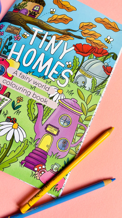 Hand drawn fairy colouring book for adults with 10 cute illustrated pages of tiny fairy house with a whimsical fantasy theme. A4 size and full colour cover perfect for gifts for kids and adults. 