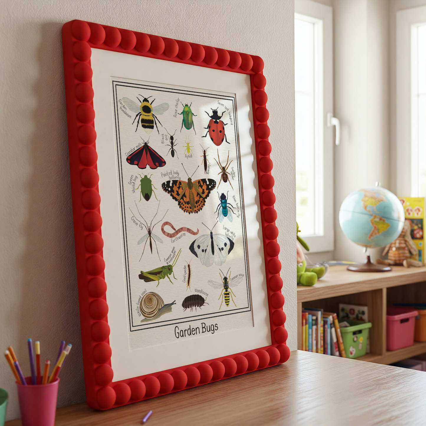 Nature Wall Art print of British garden bugs hand drawn wall decor for kids rooms, nature lovers and gifts for gardeners. Print feature; ladybird, garden bumblebee, grasshopper, snail, worm, cinnabar moth and more 