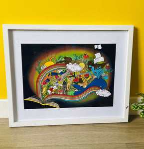 Colourful Book Magic Art Print of an open book pairing out with storybook adventures. Nursery art 