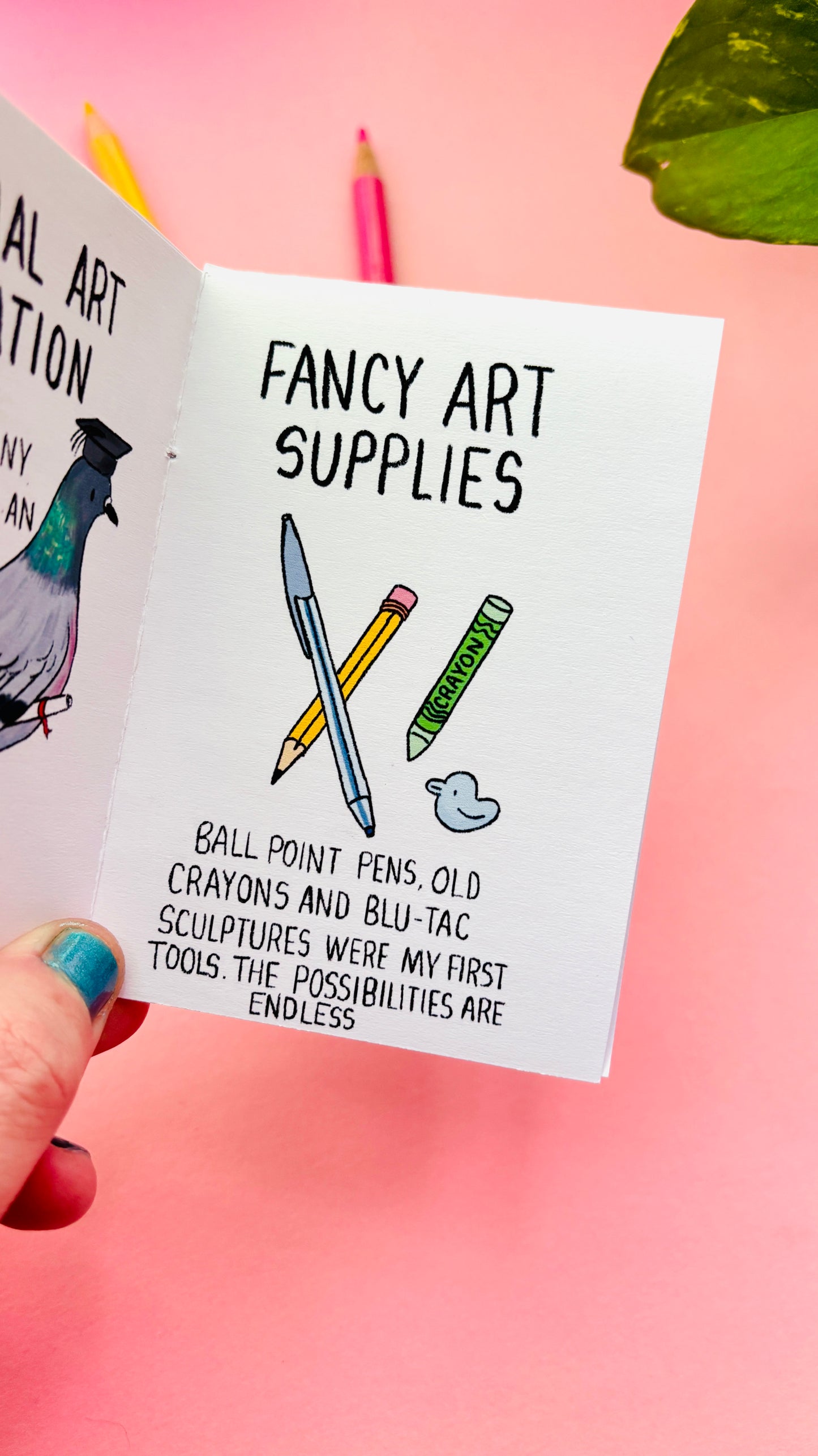 Close-up of illustration from an artist advice zine about creativity and self-belief. Reads “fancy art supplies” and had an illustration of art materials