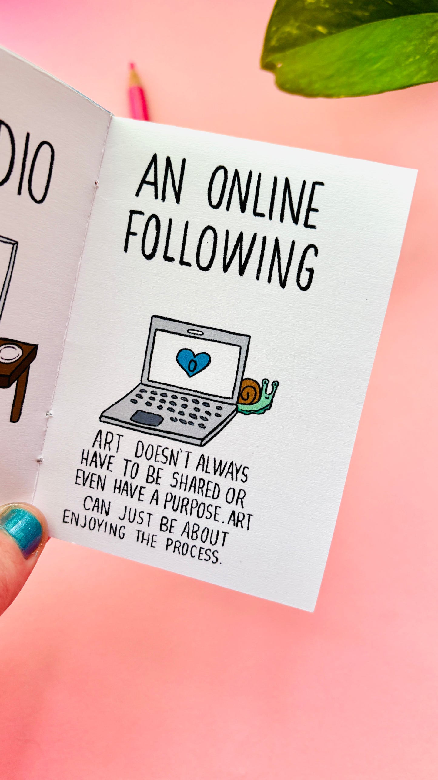 Card with text about an online following and art on a pink background
