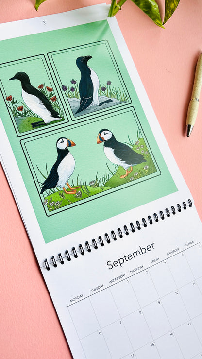     A4 wire bound British Birds 2027 calendar featuring colourful wildlife illustrations Of British auks