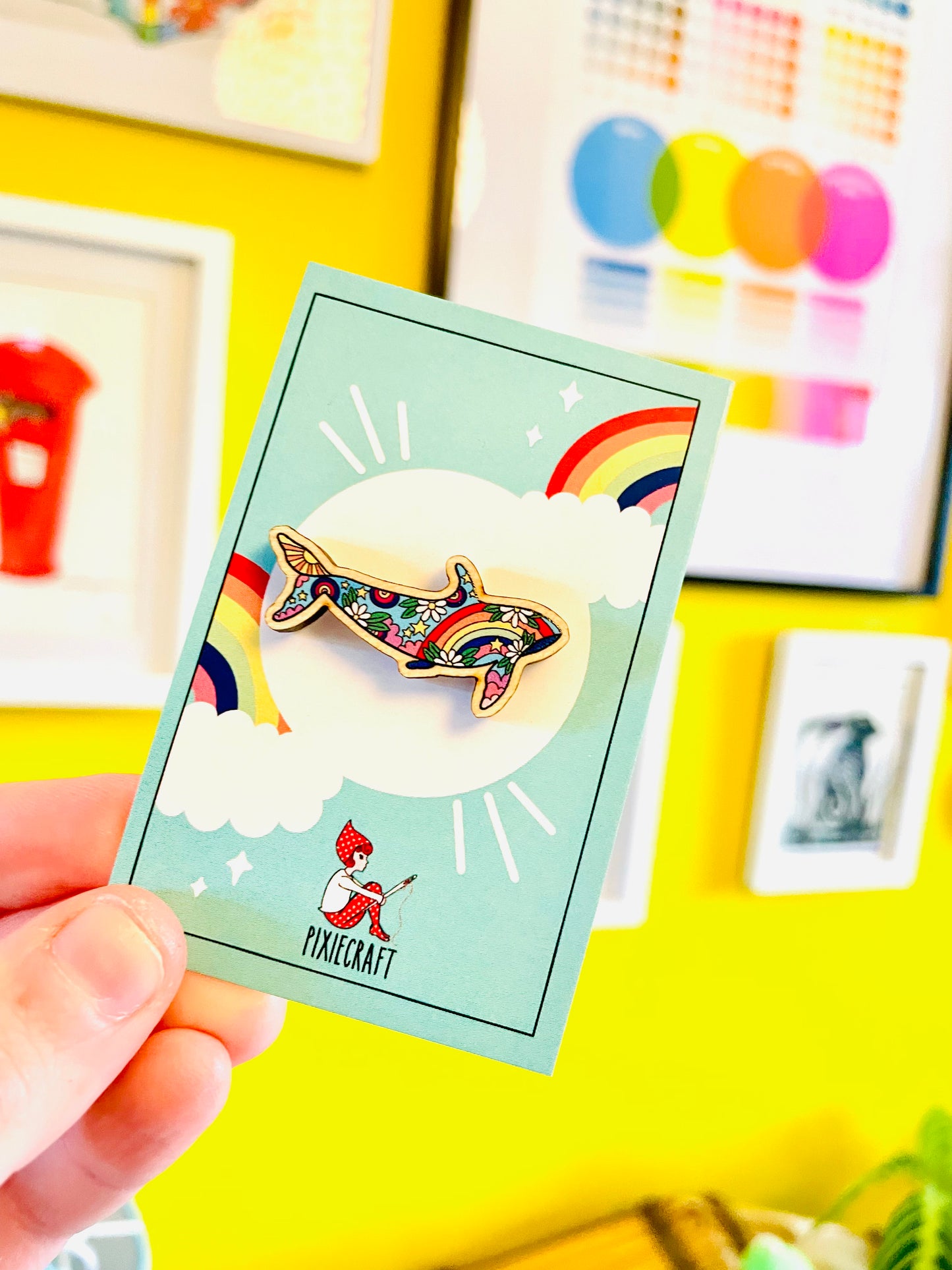 Rainbow whale wooden pin badge 