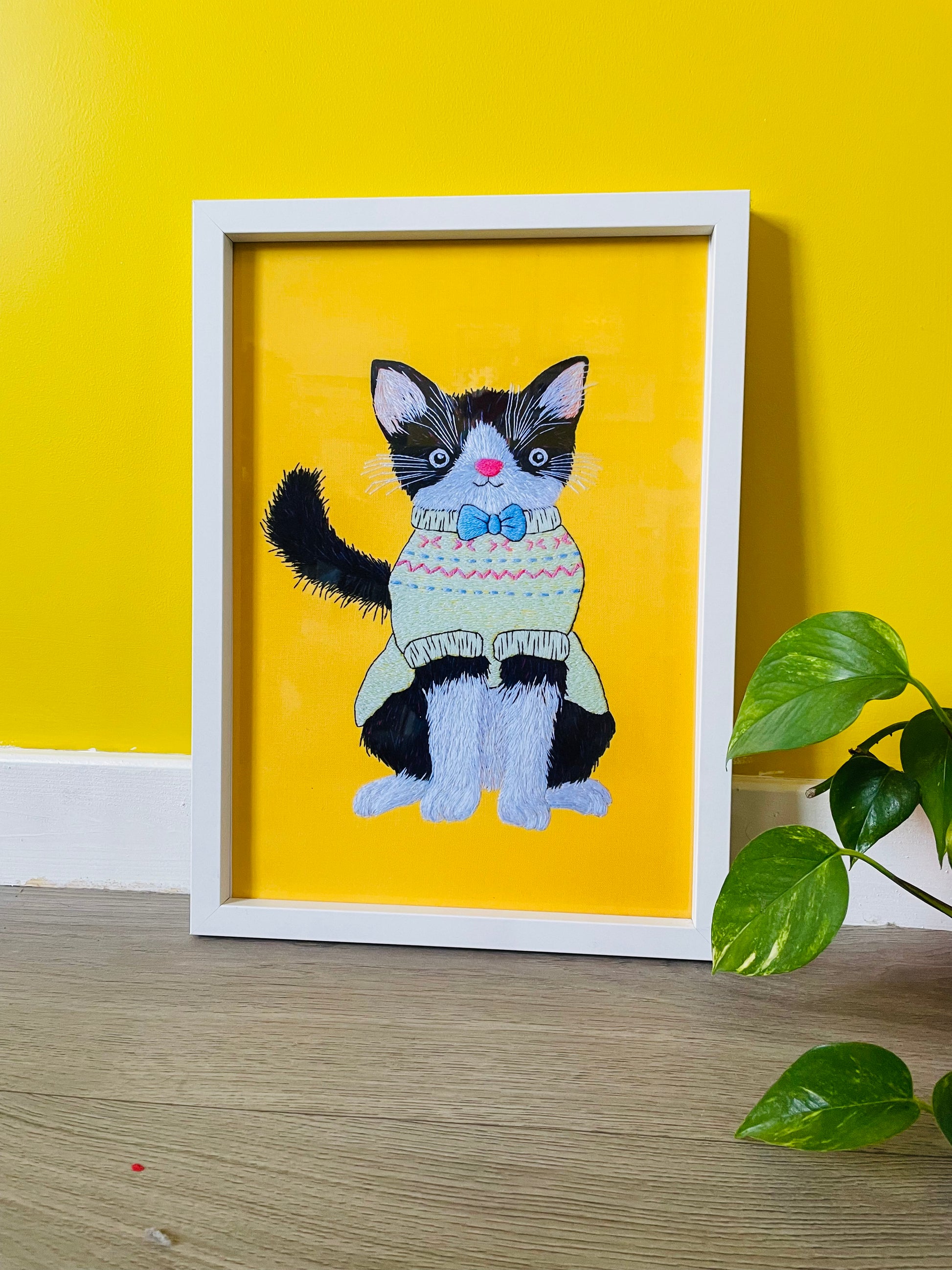 Hand embroidered cat in a jumper colourful wall art print