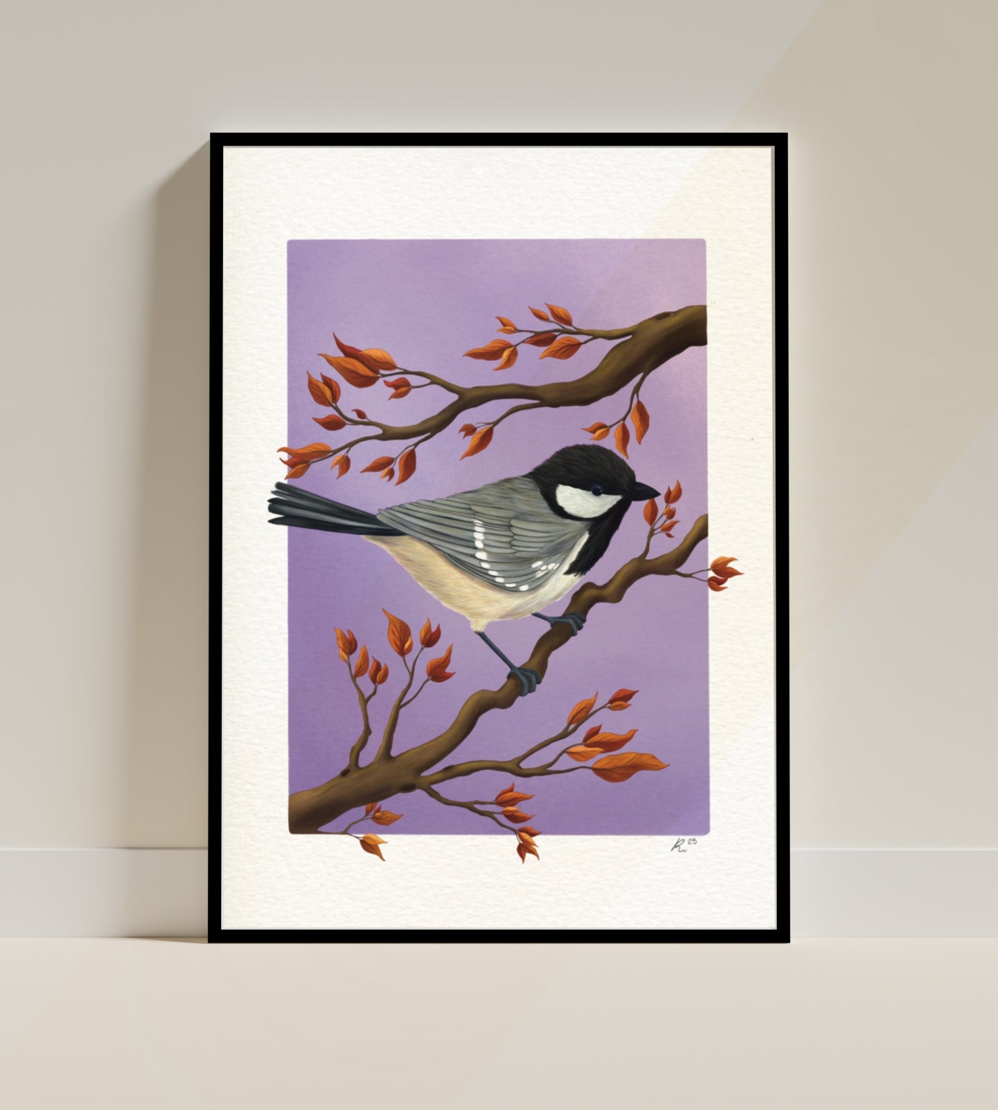 Coat tit bird wall art of British birds. This detail illustration of a cute coal tit perched on an autumn branch is set against a purple gradient background and makes perfect autumn home decor for a cosy seasonal feel. Or a gift for nature lovers, gardeners, bird lovers and fans of cottagecore decor aesthetics 