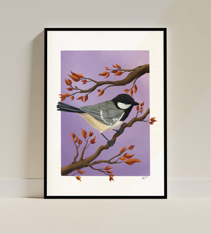 Coat tit bird wall art of British birds. This detail illustration of a cute coal tit perched on an autumn branch is set against a purple gradient background and makes perfect autumn home decor for a cosy seasonal feel. Or a gift for nature lovers, gardeners, bird lovers and fans of cottagecore decor aesthetics 