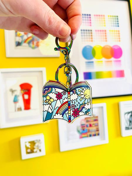 Colourful rainbow illustrated book keyring 