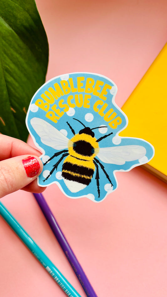 Show your love for bumblebees with this hand-drawn Bumblebee Rescue Club sticker. Durable, waterproof vinyl for laptops, bottles, and notebooks.
