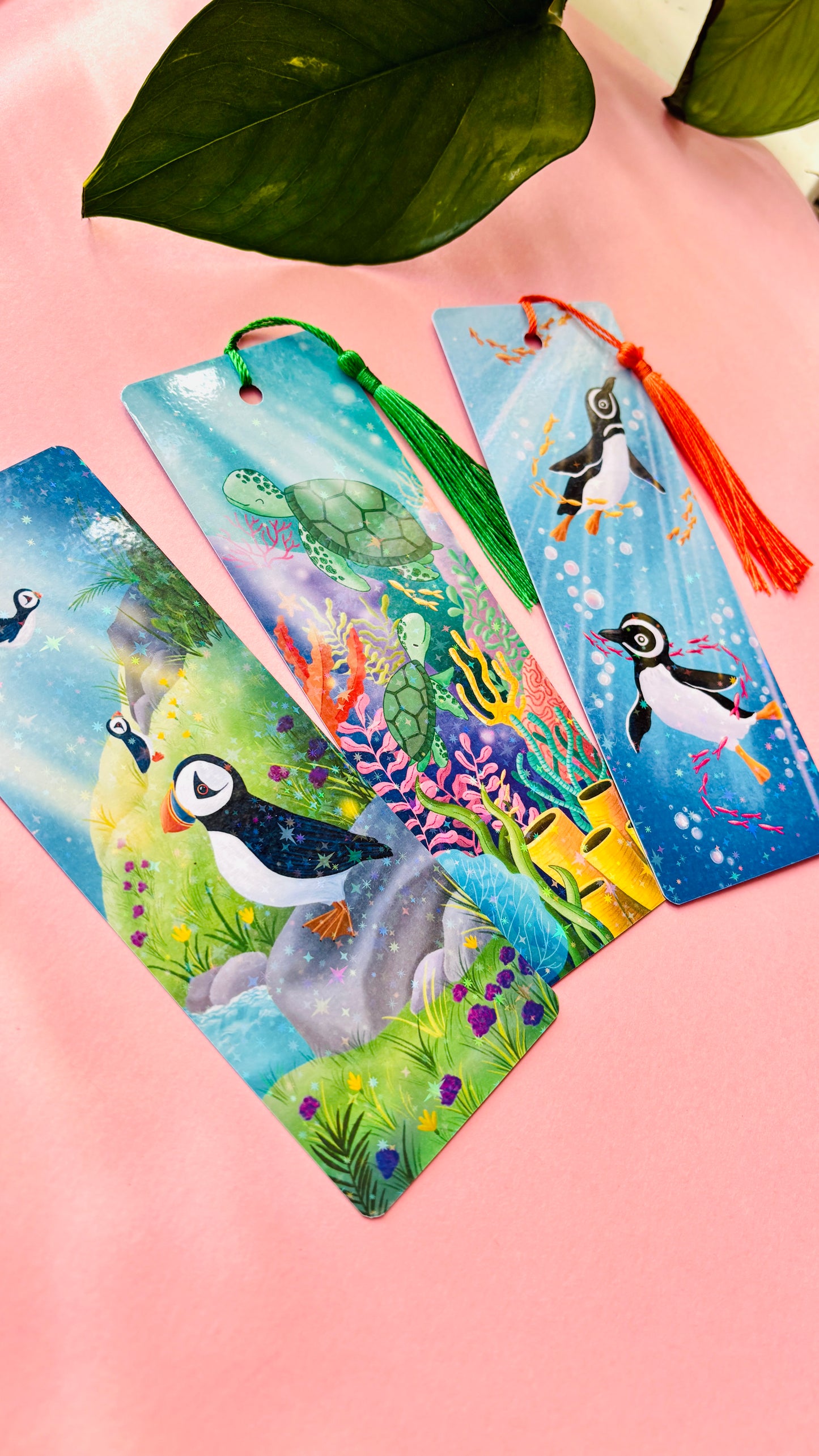 Set of nature inspired holographic bookmarks handmade in the uk 