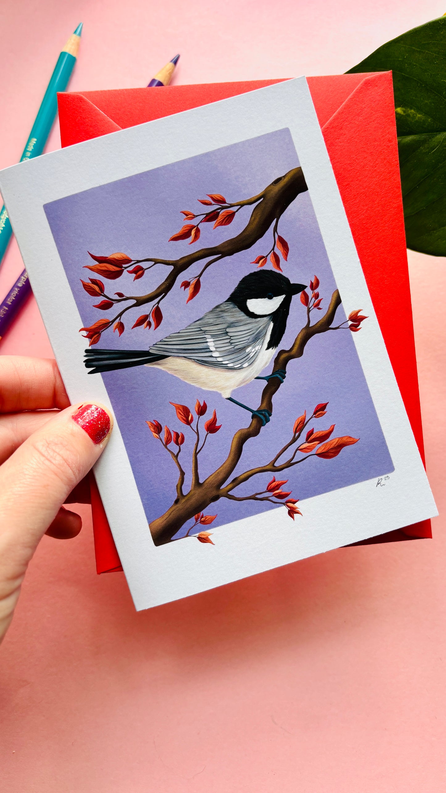 Coal tit bird illustration perched on a branch on a purple background, nature-inspired art card