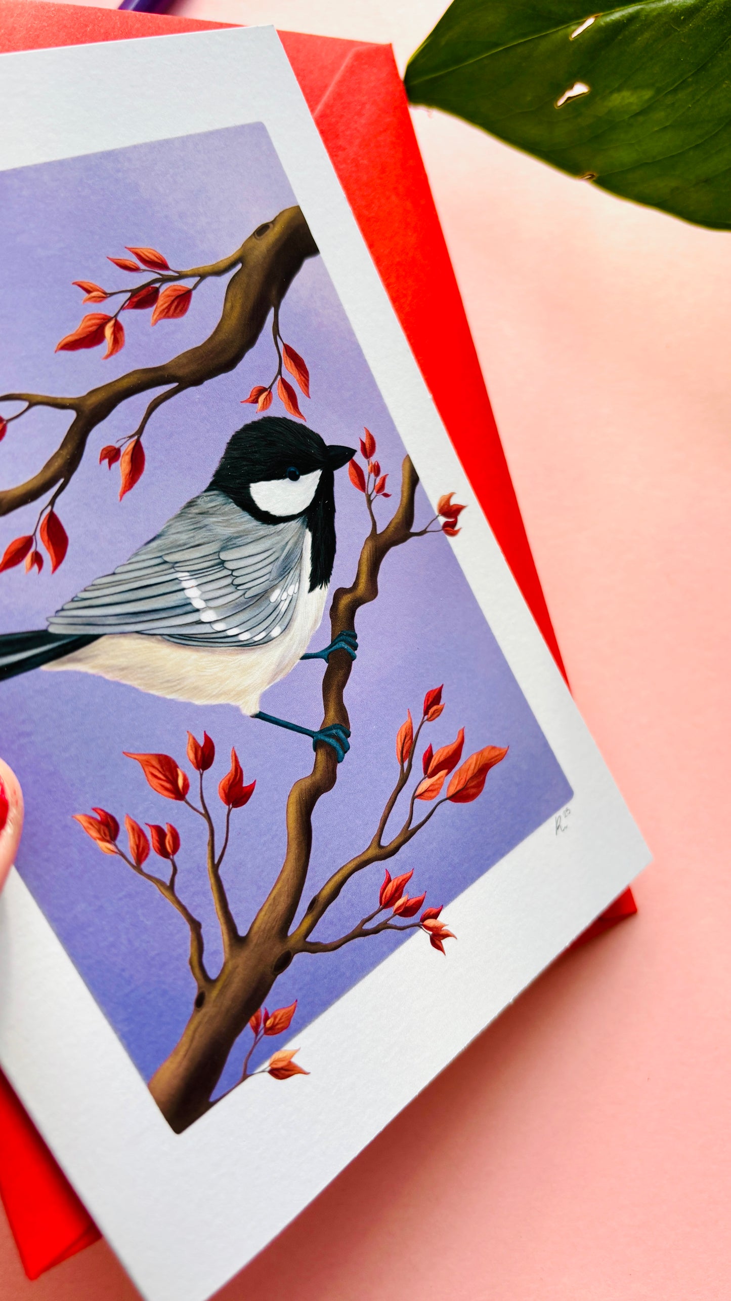 Coal tit bird illustration perched on a branch on a purple background, nature-inspired art card