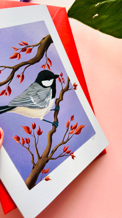 Coal tit bird illustration perched on a branch on a purple background, nature-inspired art card