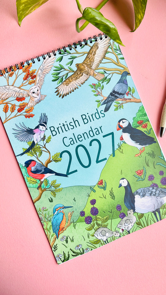 A spiral-bound 2027 British Birds Calendar.     Colourful British birds calendar, a nature-inspired gift for bird lovers and wildlife fans
