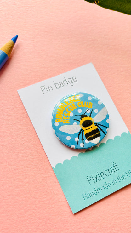 Pin badge or fridge magnet with bee design that reads “bumblebee rescue club”. Ideal handmade gift for nature lovers 