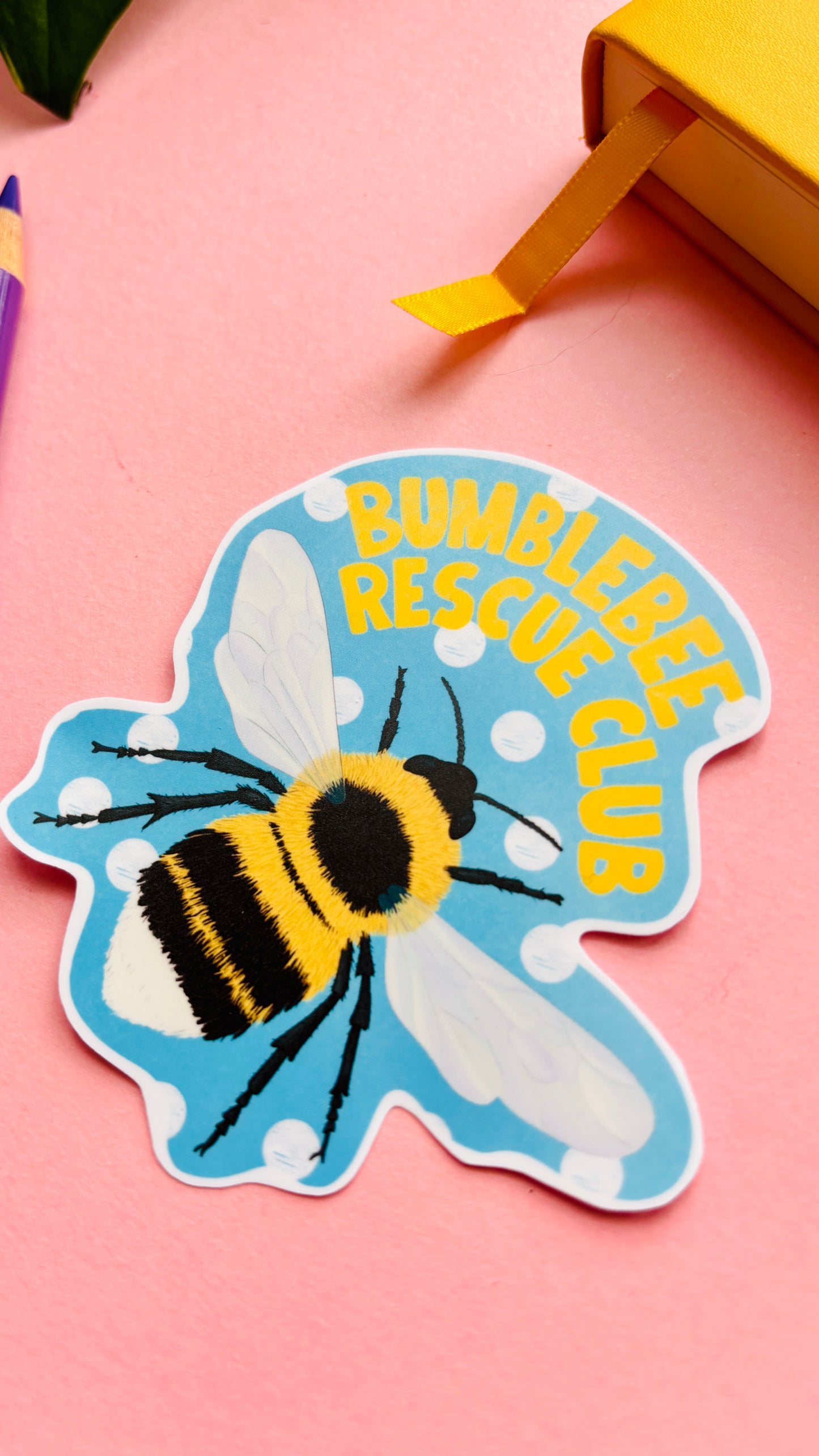 Show your love for bumblebees with this hand-drawn Bumblebee Rescue Club sticker. Durable, waterproof vinyl for laptops, bottles, and notebooks.