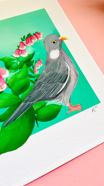 British wildlife pigeon art print for nature lovers. This cute print features an adorable wood pigeon in front of a bunch of pink foxglove plants. The perfect gift for nature lovers. 