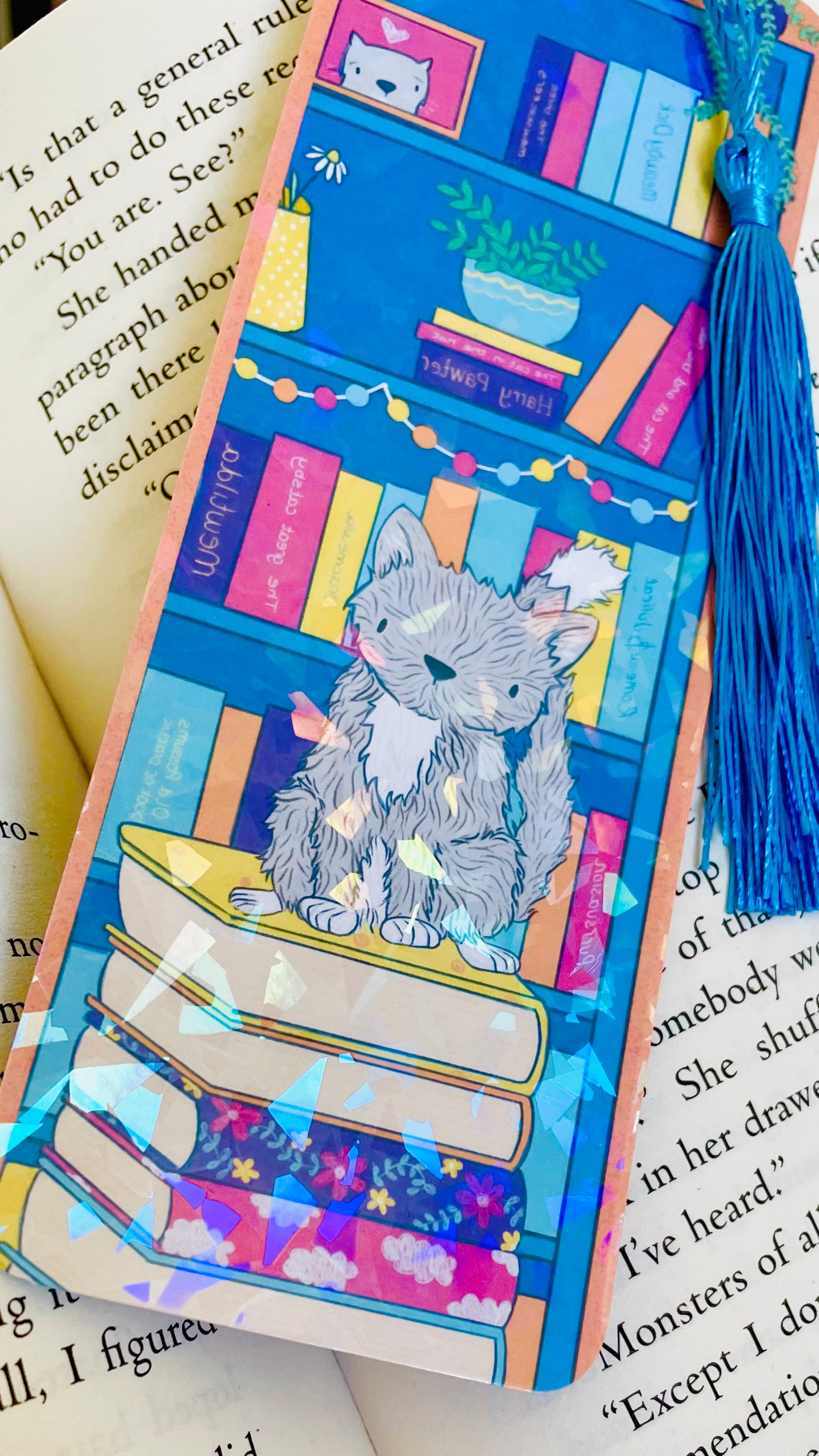 Cat and books illustrated rainbow bookmark