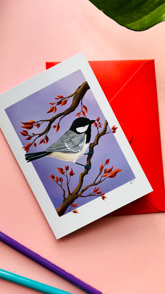 Hand-illustrated coal tit bird art card with a purple background, showing a coal tit perched on a branch, British wildlife illustration
