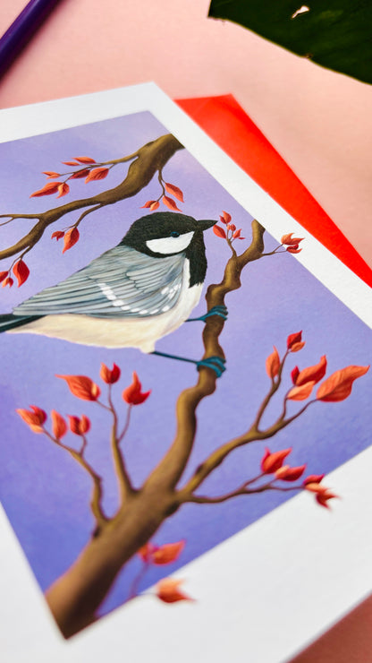 Hand-illustrated coal tit bird art card with a purple background, showing a coal tit perched on a branch, British wildlife illustration