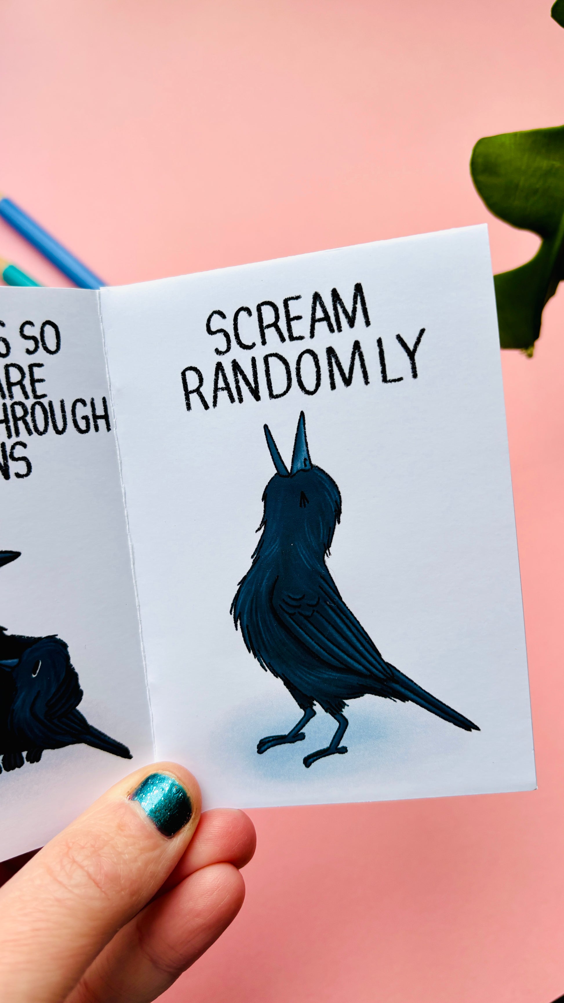 Illustrated page from Reasons to Be a Crow zine showing humorous crow behaviour