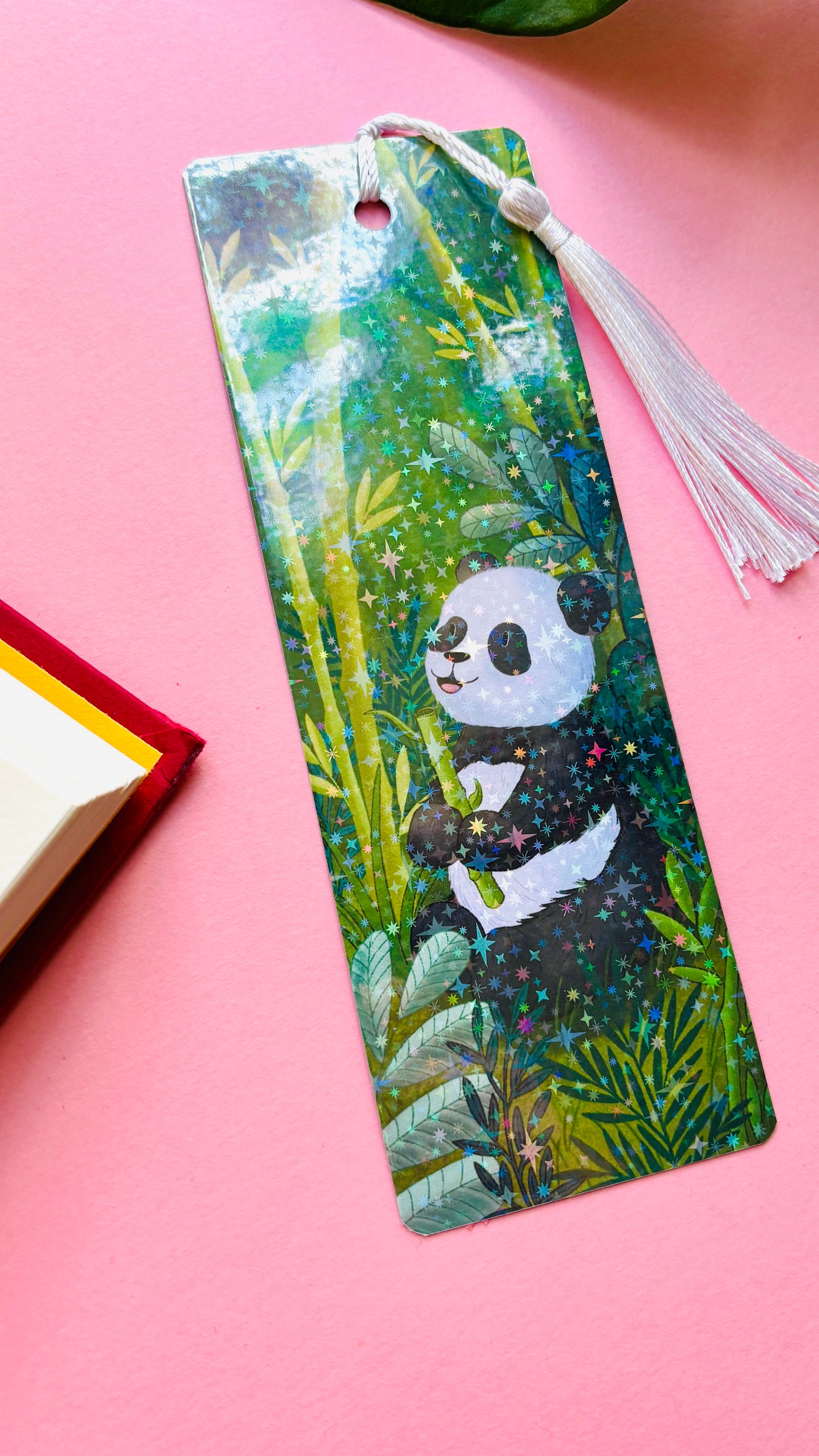 Cute panda gift idea—hand-illustrated holographic panda bookmark with tassel. A unique wildlife treat for stationery fans and bookworms