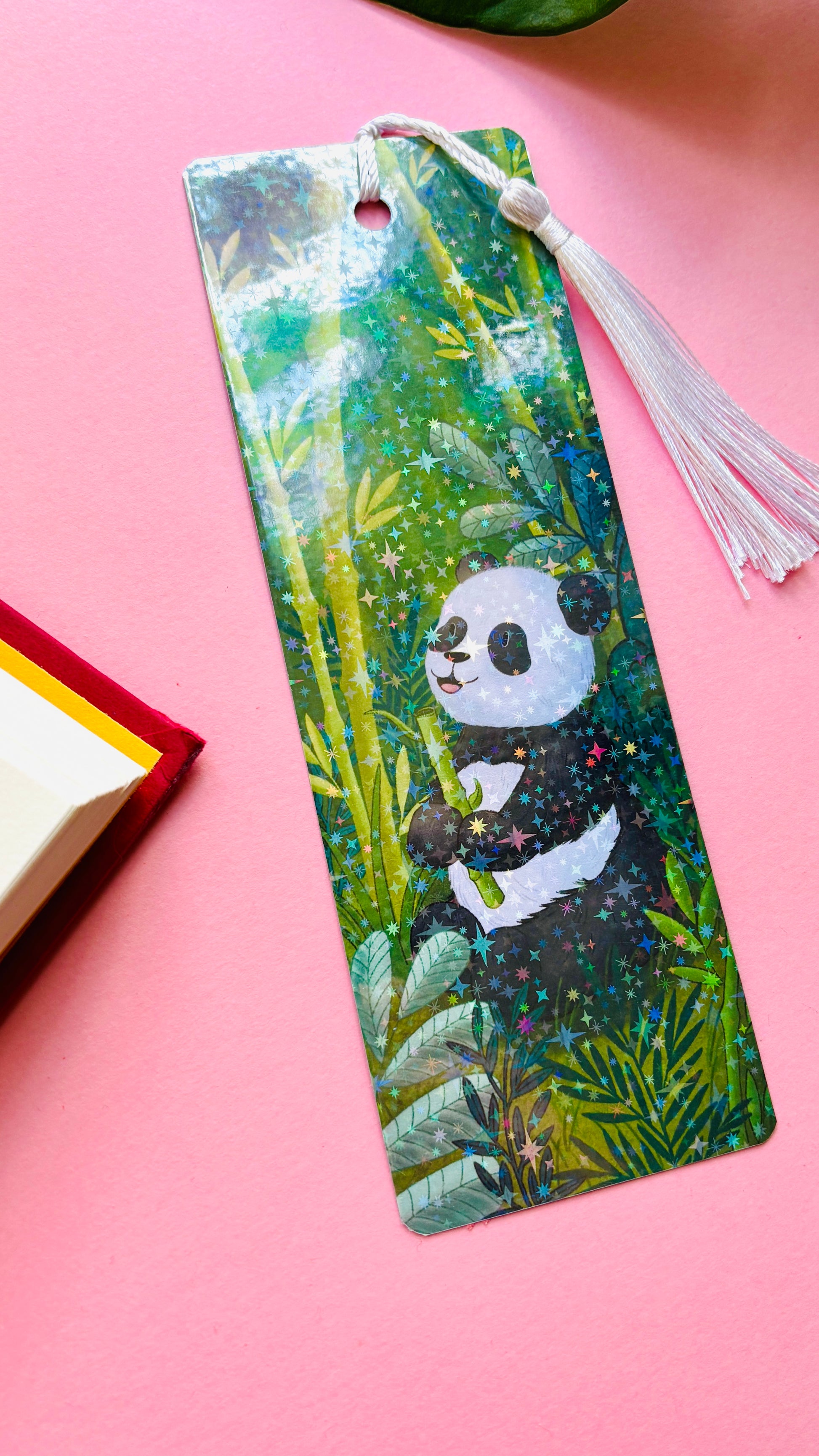 Cute panda gift idea—hand-illustrated holographic panda bookmark with tassel. A unique wildlife treat for stationery fans and bookworms