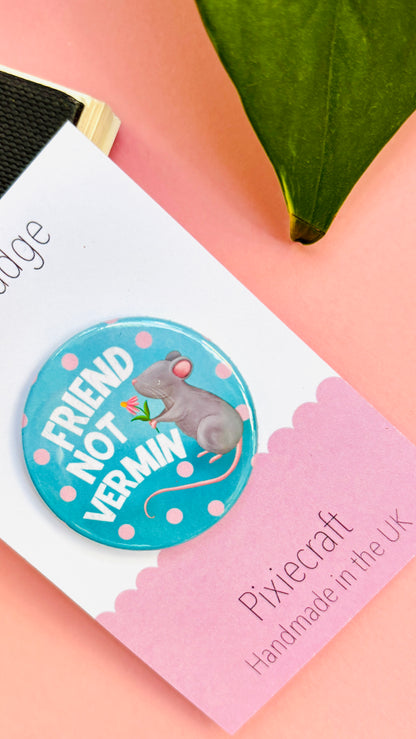 Cute rat holding a flower on a “Friend Not Vermin” badge or magnet, hand-illustrated and ideal for pets, small animal lovers, and quirky accessories.