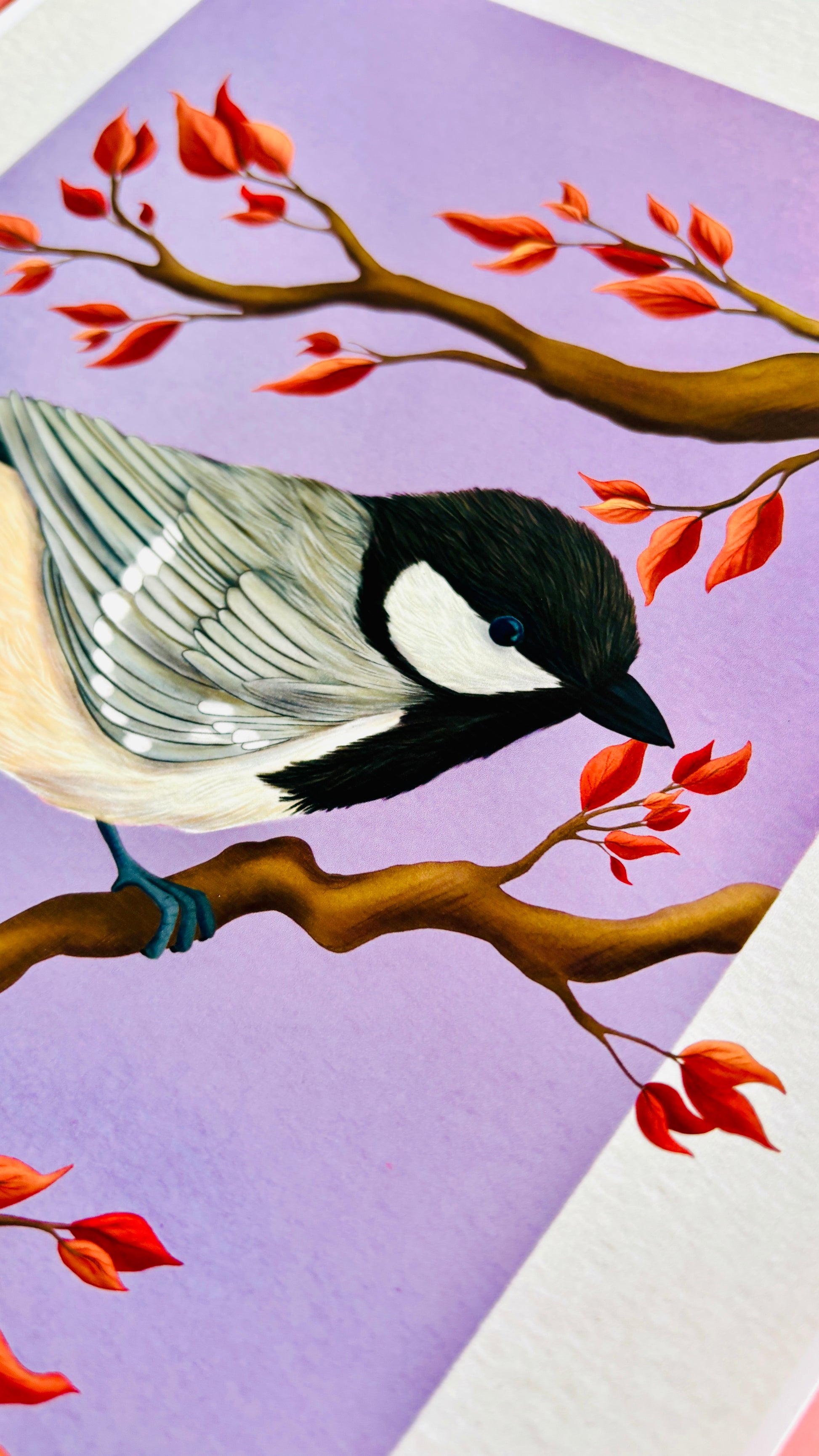 Coat tit bird wall art of British birds. This detail illustration of a cute coal tit perched on an autumn branch is set against a purple gradient background and makes perfect autumn home decor for a cosy seasonal feel. Or a gift for nature lovers, gardeners, bird lovers and fans of cottagecore decor aesthetics 