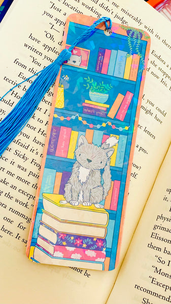 Cat and books illustrated rainbow bookmark