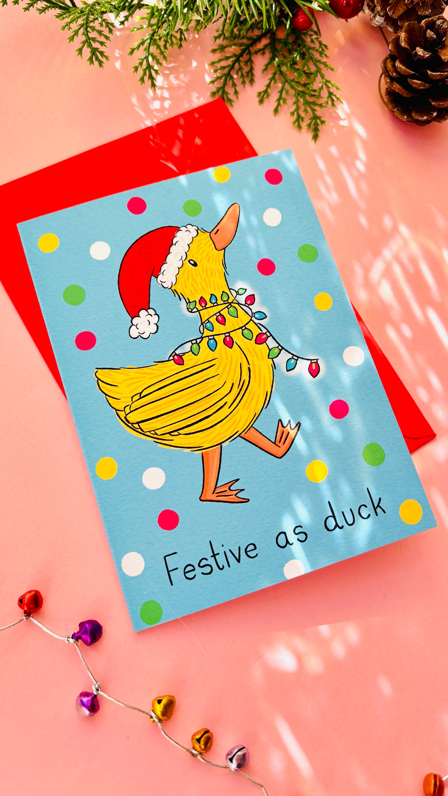 Naughty Christmas card “Festive as Duck,” hand-illustrated, bold and funny holiday greeting perfect for Secret Santa or duck lovers.