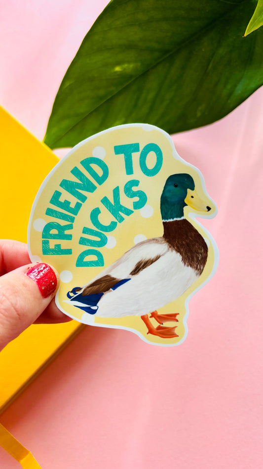 Show your love for ducks with this Friend to Ducks vinyl sticker. Durable, waterproof and perfect for gifts, notebooks and water bottles.