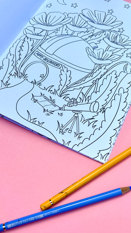 Hand drawn fairy colouring book for adults with 10 cute illustrated pages of tiny fairy house with a whimsical fantasy theme. A4 size and full colour cover perfect for gifts for kids and adults. 