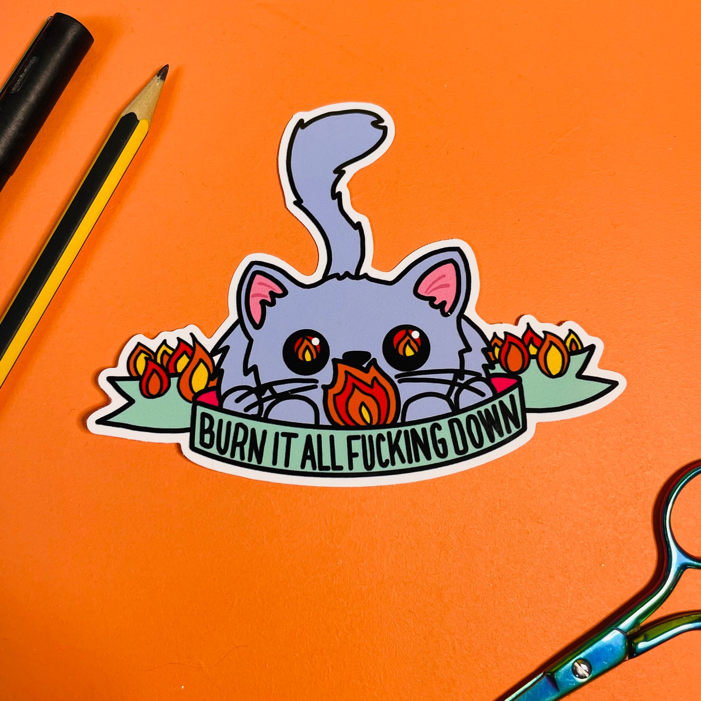 Burn it down sweary cat sticker 